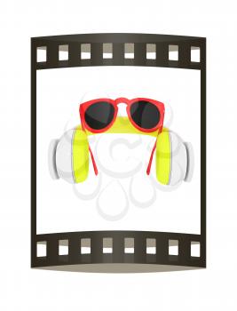 Sunglasses and headphone for your face. 3d illustration. The film strip.