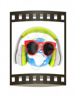 Earth planet with earphones and sunglasses. 3d illustration. The film strip.