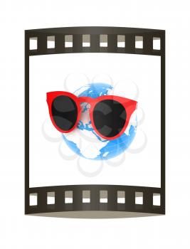 Earth planet with earphones and sunglasses. 3d illustration. The film strip.