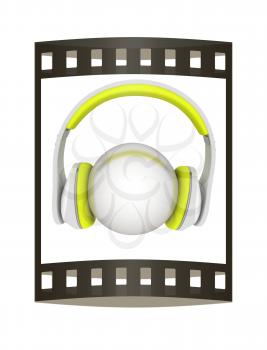 Headphones with metal ball. 3d illustration. The film strip.