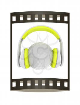 Golf ball with headset or headphones. 3D rendering. The film strip.