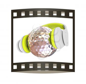 Metal Golf Ball With headphones. 3d illustration. The film strip.