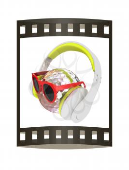 Metal Golf Ball With Sunglasses and headphones. 3d illustration. The film strip.