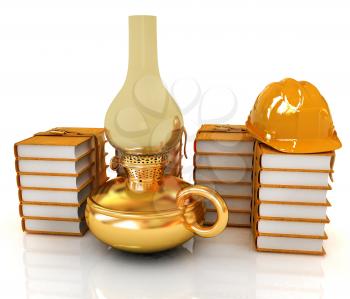 Gold old retro kerosene lamp, hard hat and books. 3d render