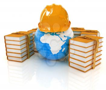 Earth in hard hat and books. 3d render