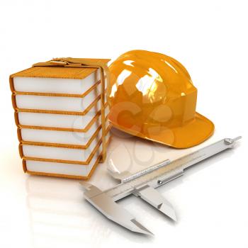 Calipers and leather-bound books around hard hat. 3d render