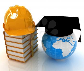 Earth, book, hard hat and graduation hat. Global edication and work concept. 3d render