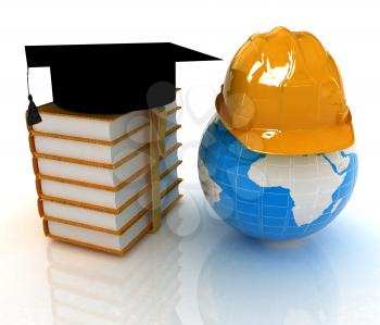 Earth, book, hard hat and graduation hat. Global edication and work concept. 3d render