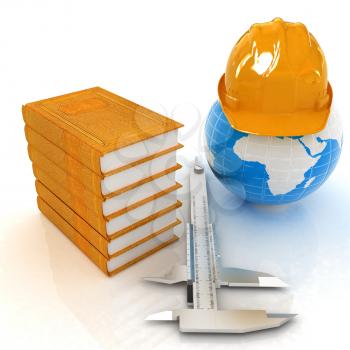 Earth in hard hat, calipers and books. 3d render