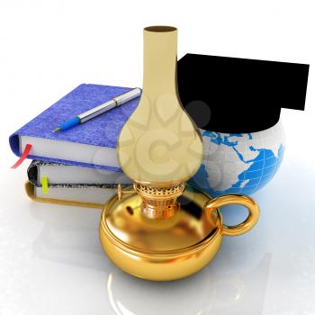 Notepads, pen, kerosene lamp and Earth in graduation hat. 3d render