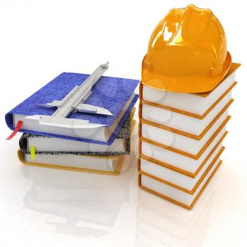 Classic tehnology concept with  hard hat on a leather books, trammel on a notebooks. 3d render