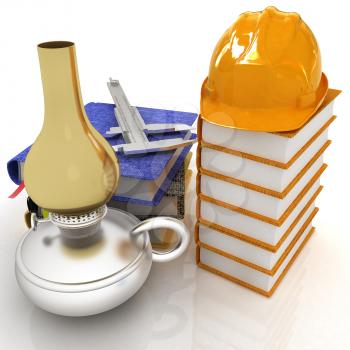 Classic tehnology concept with  hard hat on a leather books, trammel on a notebooks and old kerosene lamp. 3d render