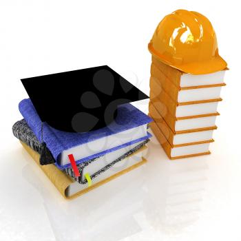 Hard hat and graduation hat on a leather books and notes. The concept of edication for work. 3d render