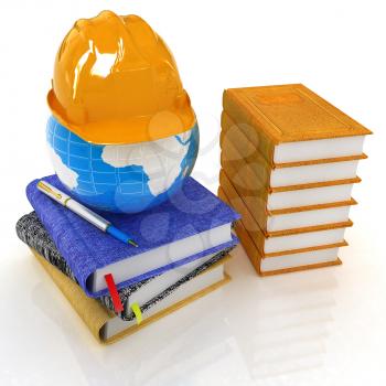 Global of working concept with Earth, leather books, notebooks and hard hat from above. 3d render