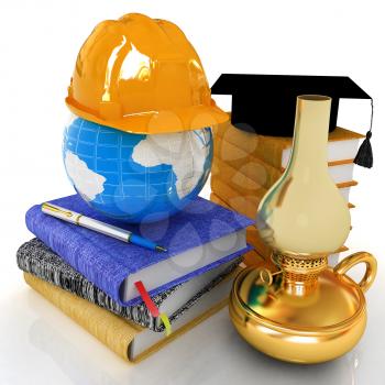 Hard hat and graduation hat on a leather books and notes with retro kerosene lamp. The global concept with Earth of edication for work. 3d render
