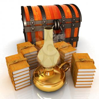 Chest and books with old retro kerosene lamp. 3d render