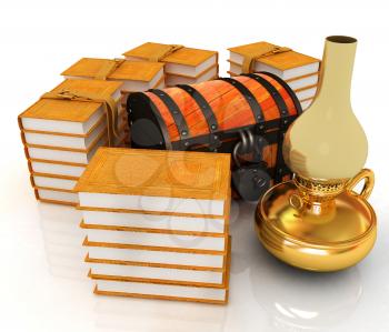 Chest and books with old retro kerosene lamp. 3d render