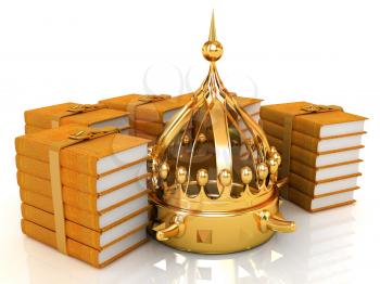 Gold crown and leather books. 3d render