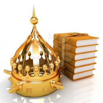 Gold crown and leather books. 3d render