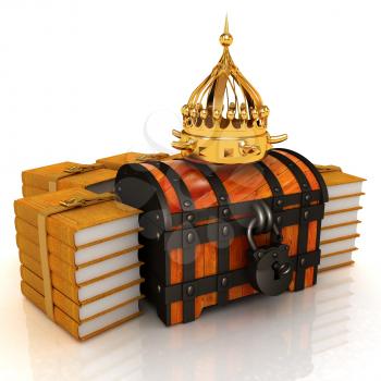 Gold crown on a chest and leather books around. 3d render