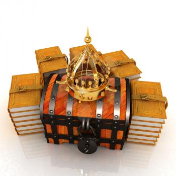 Gold crown on a chest and leather books around. 3d render