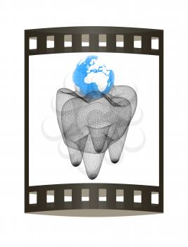 Tooth and Earth. Mesh model. 3d illustration. Film strip.