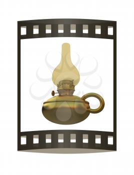 Old retro vintage golden kerosene lamp. 3d render. Film strip.