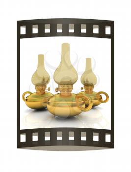 Old retro vintage golden kerosene lamp. 3d render. Film strip.