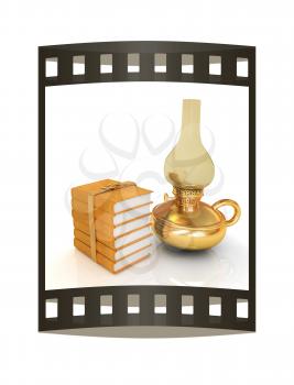 Gold old retro kerosene lamp and books. 3d render. Film strip.