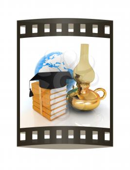 Leather books, Earth, kerosene lamp and graduation hat. 3d render. Film strip.