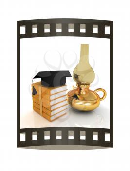 Leather books, kerosene lamp and graduation hat. 3d render. Film strip.