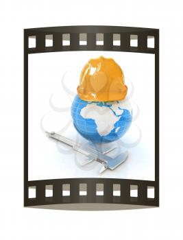 Hard hat on Earth and caliper. 3d render. Film strip.