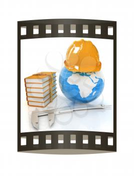Earth in hard hat, calipers and books. 3d render. Film strip.