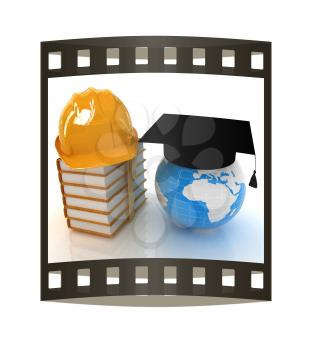 Earth, book, hard hat and graduation hat. Global edication and work concept. 3d render. Film strip.