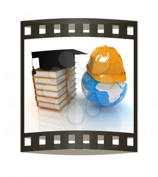 Earth, book, hard hat and graduation hat. Global edication and work concept. 3d render. Film strip.