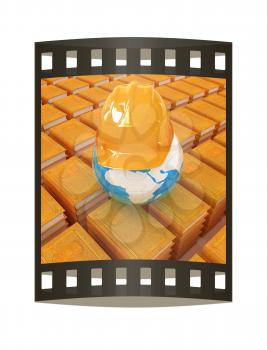 Hard hat on Earth and leather books. 3d render. Film strip.