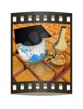 Leather books, Earth, kerosene lamp and graduation hat. 3d render. Film strip.