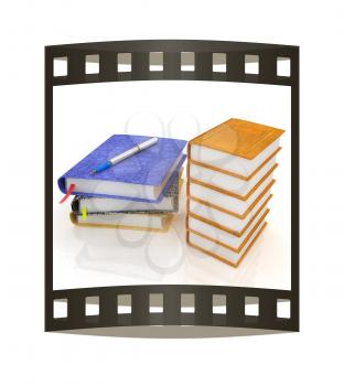 Leather books and note. 3d render. Film strip.