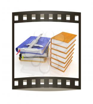 Classic tehnology concept with leather books and trammel on a notebooks. 3d render. Film strip.