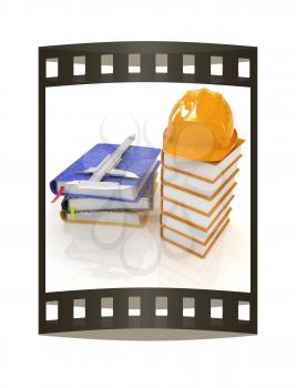 Classic tehnology concept with  hard hat on a leather books, trammel on a notebooks. 3d render. Film strip.