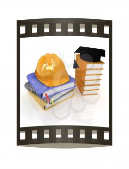 Hard hat and graduation hat on a leather books and notes. The concept of edication for work. 3d render. Film strip.