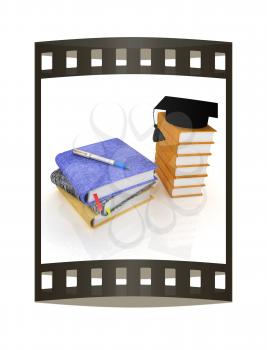 Education concept with leather books, notebooks and graduation hat from above. 3d render. Film strip.
