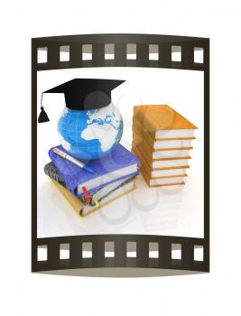 Global of Education concept with Earth, leather books, notebooks and graduation hat from above. 3d render. Film strip.