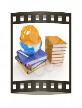 Global of working concept with Earth, leather books, notebooks and hard hat from above. 3d render. Film strip.