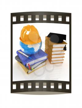 Hard hat and graduation hat on a leather books and notes. The global concept with Earth of edication for work. 3d render. Film strip.