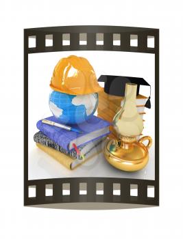 Hard hat and graduation hat on a leather books and notes with retro kerosene lamp. The global concept with Earth of edication for work. 3d render. Film strip.