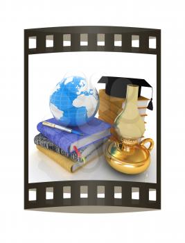 Learning concept with retro kerosene lamp, graduation hat, leather books and Earth. 3d render. Film strip.