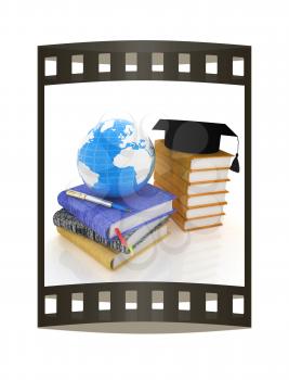 Learning concept with graduation hat, leather books and Earth. 3d render. Film strip.