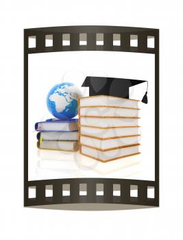 graduation hat, leather books and Earth. Film strip.