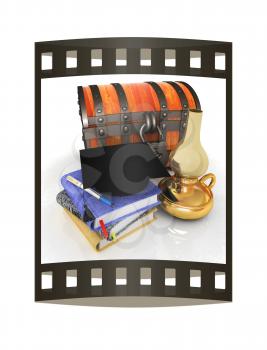 Classic global scene with graduation hat, kerosene lamp, chest and notebooks. 3d render. Film strip.